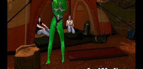  3D cartoon alien babe sucking and tugging two cocks